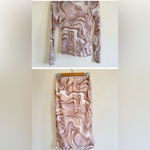 AFRM pink Mesh Matching set marble swirl skirt long sleeve top S - Picture 1 of 5